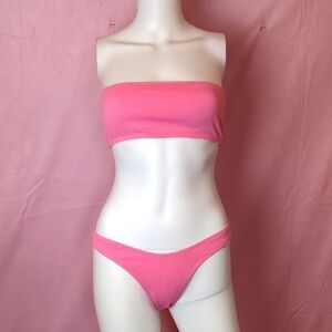 Zaful Pink Ribbed Strapless Lace Up Back Bandeau Bikini size Medium
